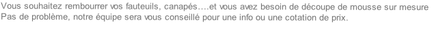 Vous souhaitez rembourrer vos fauteuils, canapés….et vous avez besoin de découpe de mousse sur mesure
Pas de problème, notre équipe sera vous conseillé pour une info ou une cotation de prix.

 
